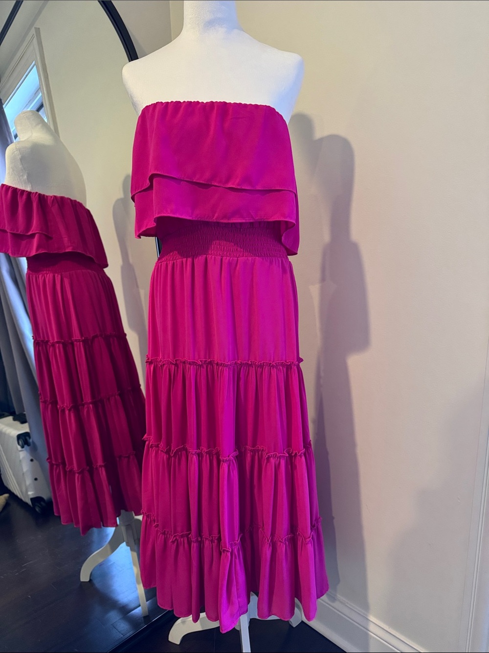 1. State Strapless Ruffled Tiered Dress in Bright Pink